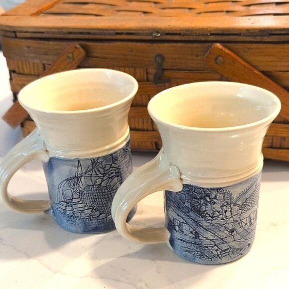 Hand Crafted Blue and Cream Art Pottery Coffee Cups Vintage Tea Mugs Set of 2 - Picture 12 of 12
